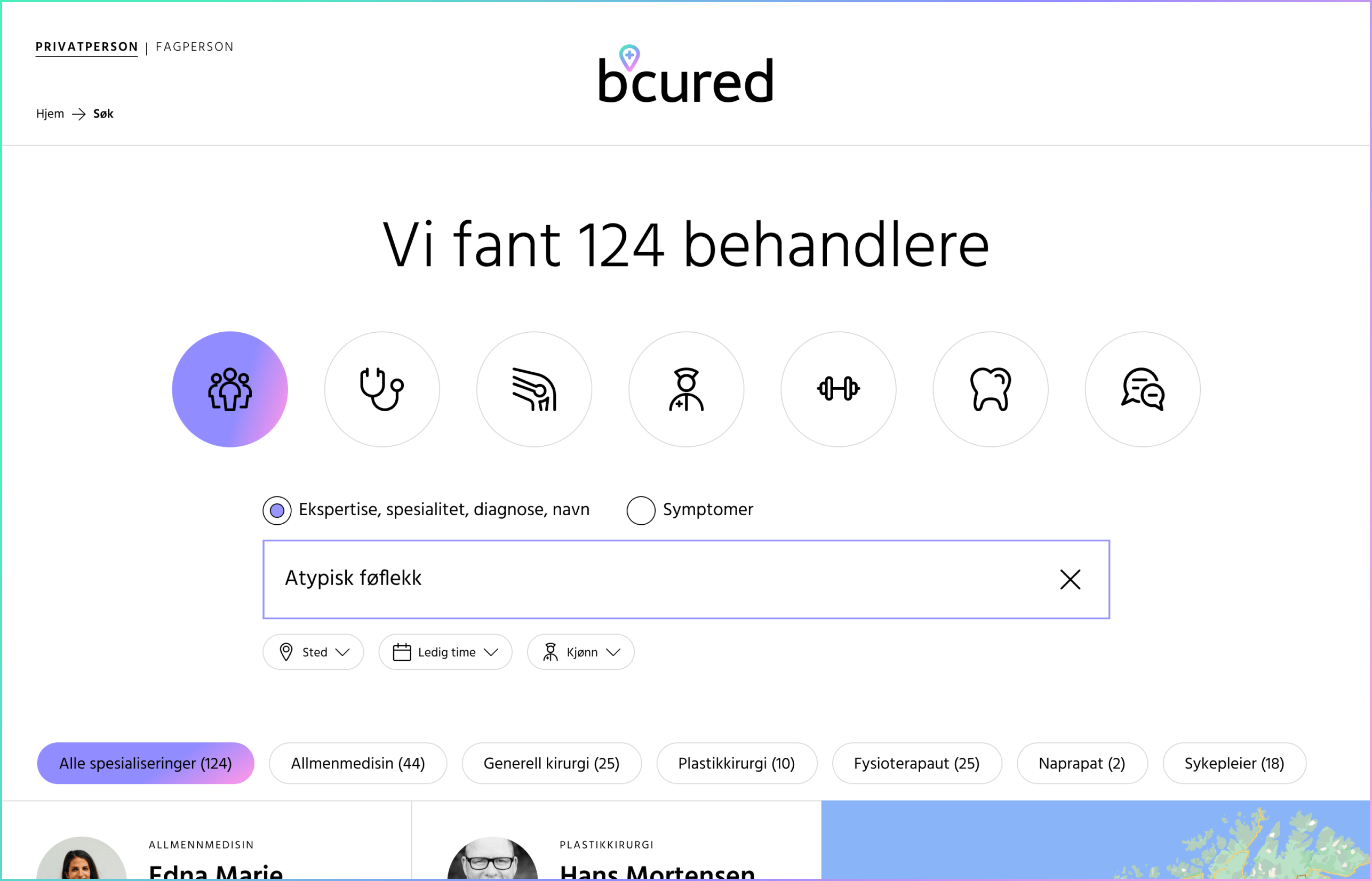Bcured search page showing clinician search options