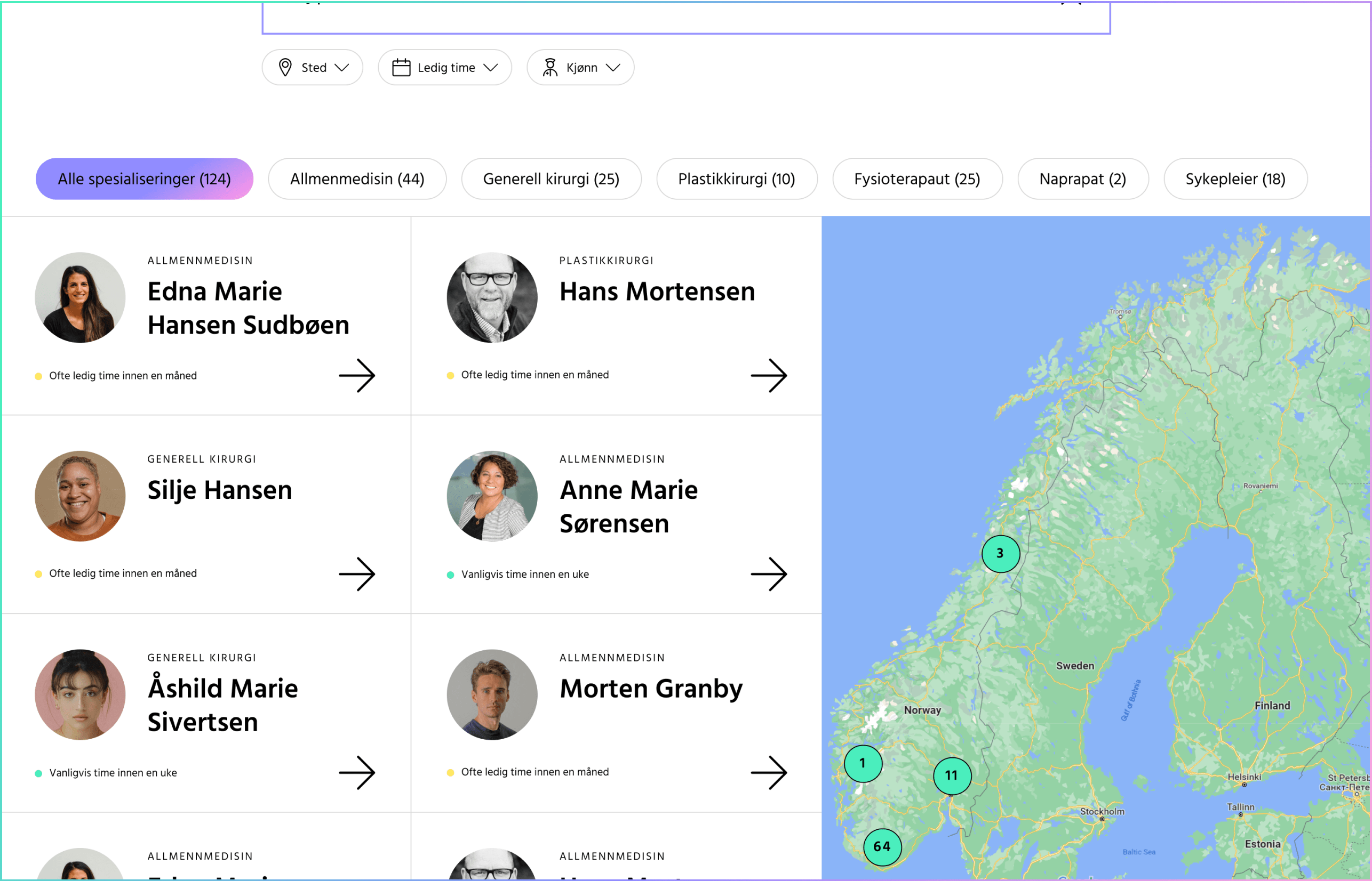 Bcured search results view with available clinicians